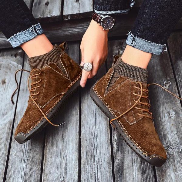 Men Suede Fabric Hand Stitching Warm Plush Lining Ankle Boots - Image 4