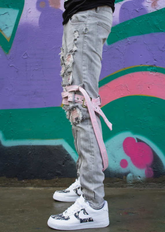 Locked & Loaded Jeans - Straps And Stones - Grey And Pink - LL102