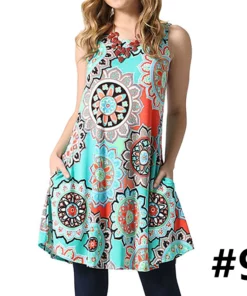 Ladies casual sleeveless U-neck printed dress