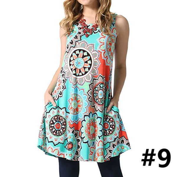 Ladies casual sleeveless U-neck printed dress