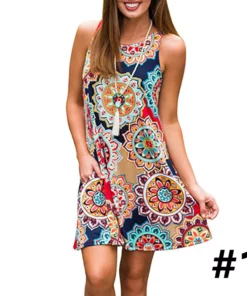 Ladies casual sleeveless U-neck printed dress