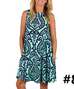 Ladies casual sleeveless U-neck printed dress