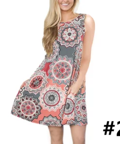 Ladies casual sleeveless U-neck printed dress