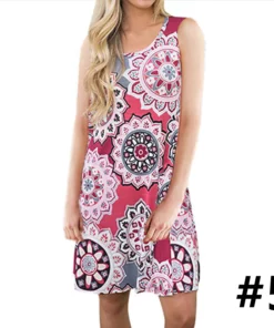 Ladies casual sleeveless U-neck printed dress