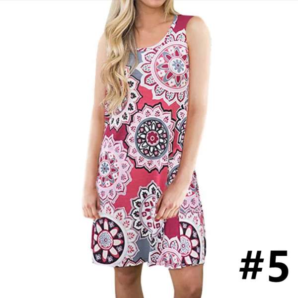 Ladies casual sleeveless U-neck printed dress