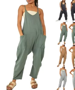 Women's Loose Sleeveless Jumpsuits Spaghetti Strap Stretchy Long Pant Romper Jumpsuit With Pockets Zipper