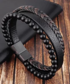 Natural Stone Obsidian Magnetic Buckle Men's Leather Bracelet